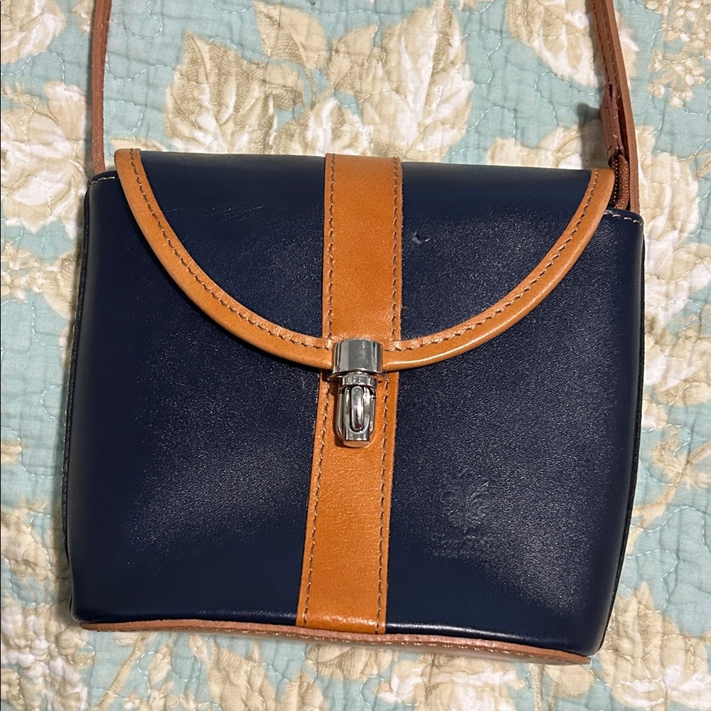 Elegant Navy and Tan Italian Leather Women's Bag